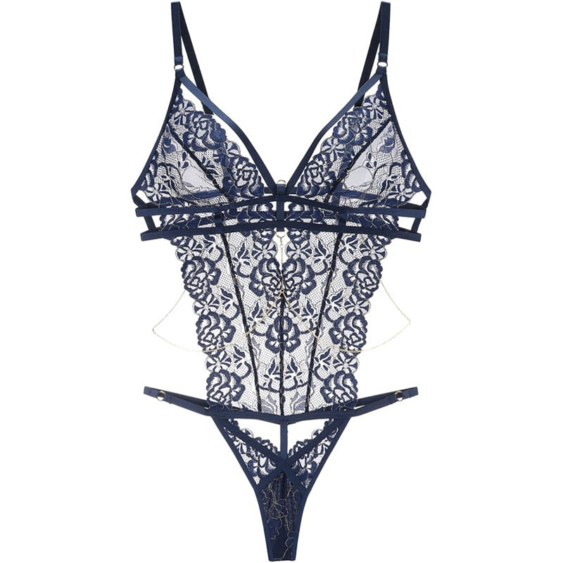 Strappy Floral Lace Thong Style Bodysuit With Metal Chains