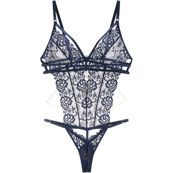 Strappy Floral Lace Thong Style Bodysuit With Metal Chains