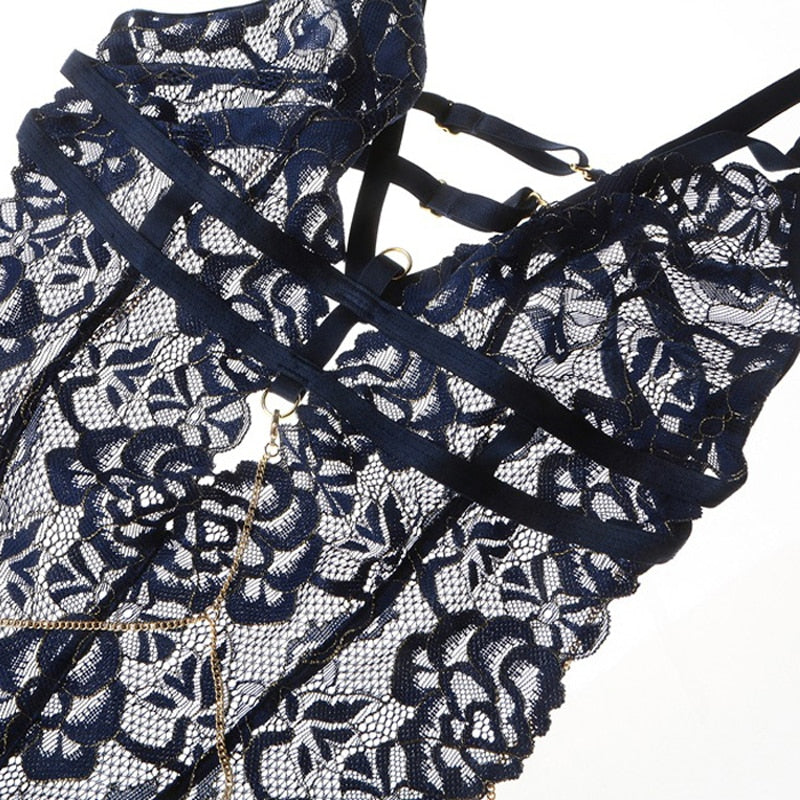 Strappy Floral Lace Thong Style Bodysuit With Metal Chains
