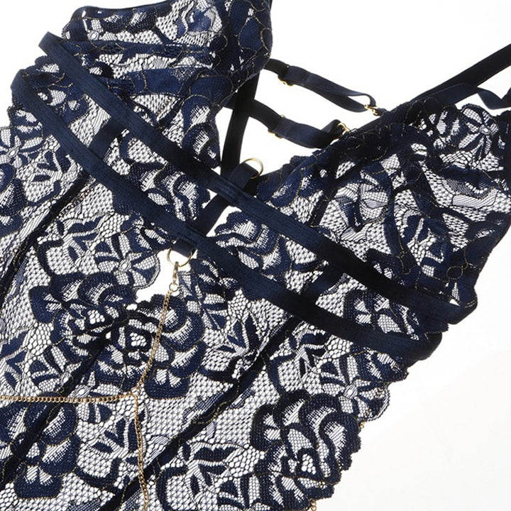 Strappy Floral Lace Thong Style Bodysuit With Metal Chains