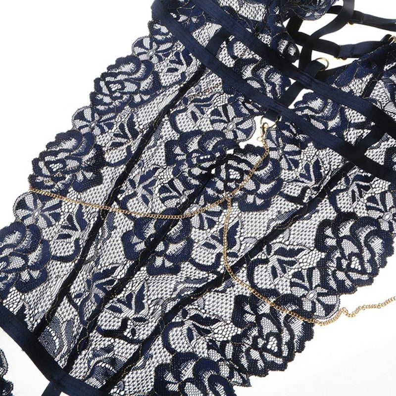 Strappy Floral Lace Thong Style Bodysuit With Metal Chains