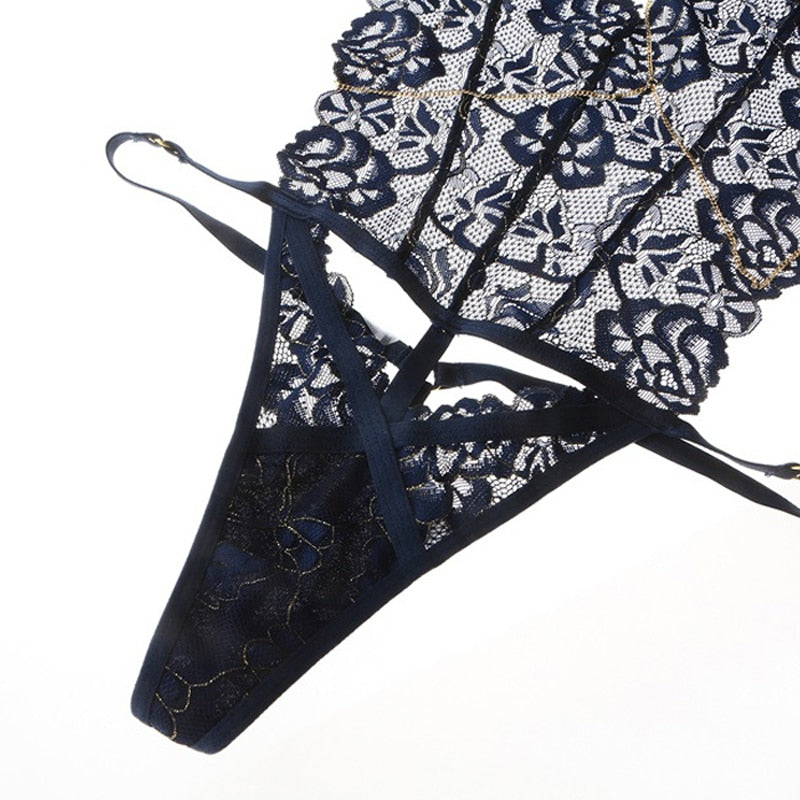 Strappy Floral Lace Thong Style Bodysuit With Metal Chains