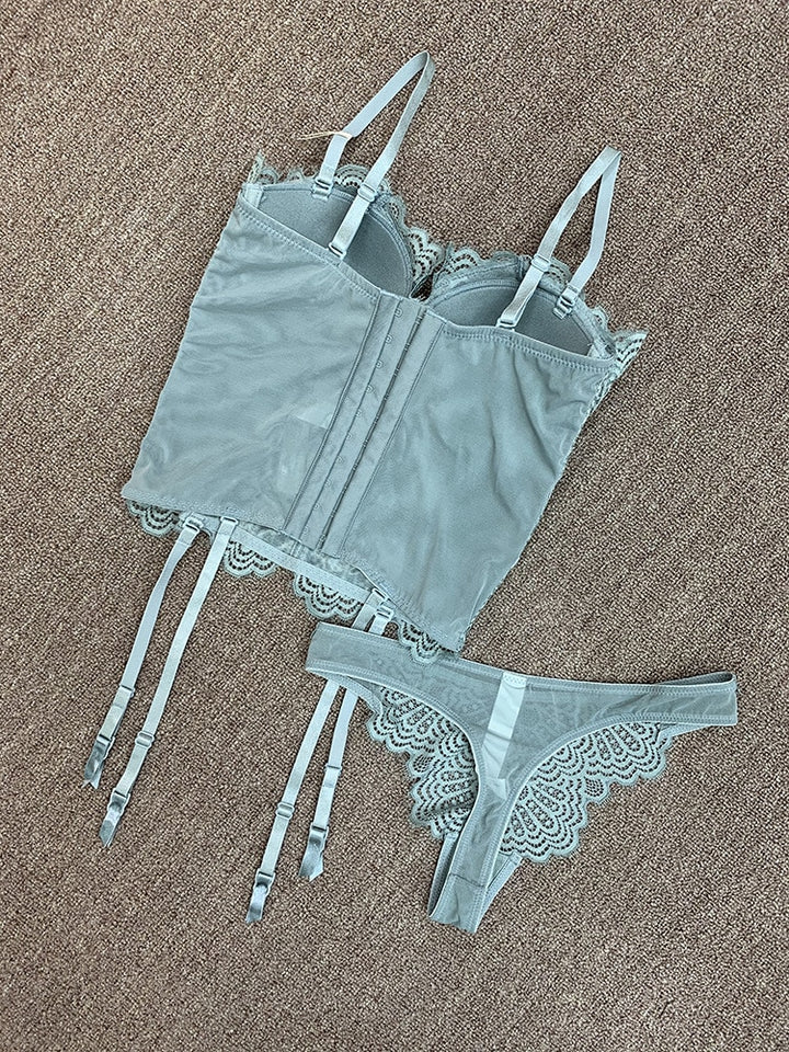 Sexy Floral Push-Up Bustier with 3/4 Cup, Matching Thongs and Garter Straps