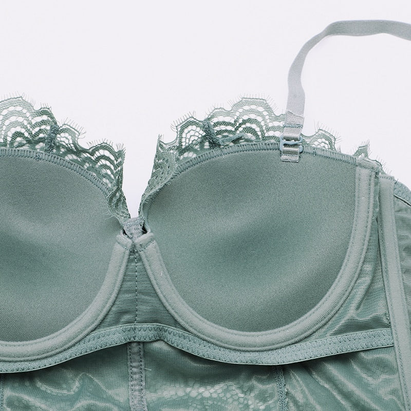 Sexy Floral Push-Up Bustier with 3/4 Cup, Matching Thongs and Garter Straps