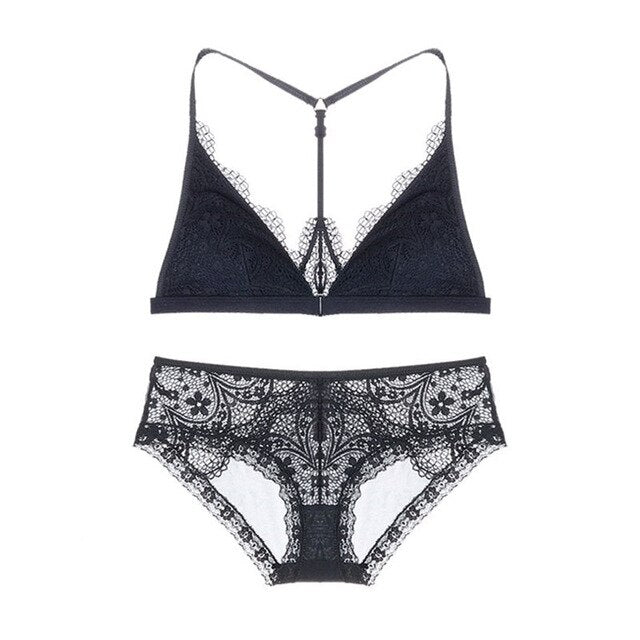 Casual Sheer Lace Front Clasp Y-line Bra With Matching Lacy Panty