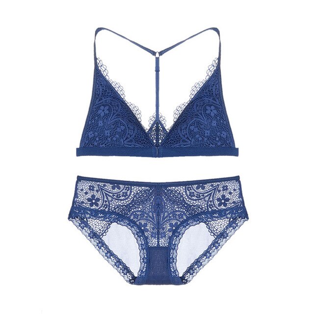 Casual Sheer Lace Front Clasp Y-line Bra With Matching Lacy Panty