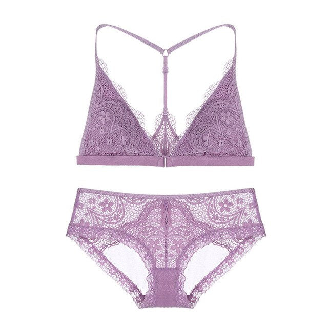 Casual Sheer Lace Front Clasp Y-line Bra With Matching Lacy Panty