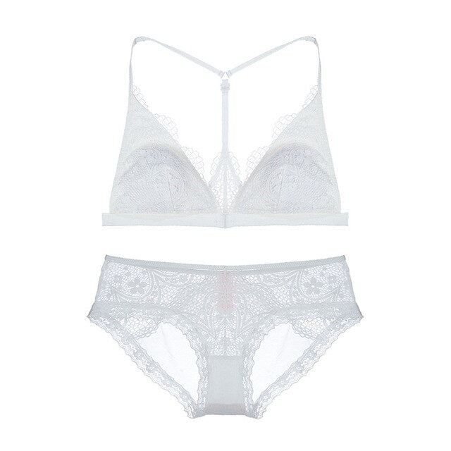 Casual Sheer Lace Front Clasp Y-line Bra With Matching Lacy Panty