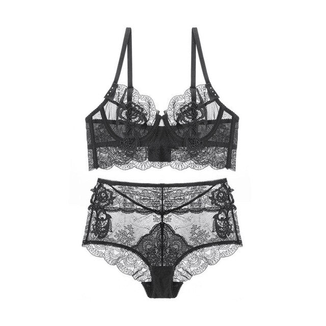Basic Embroidered Classic Style Lace Brassiere & Panty