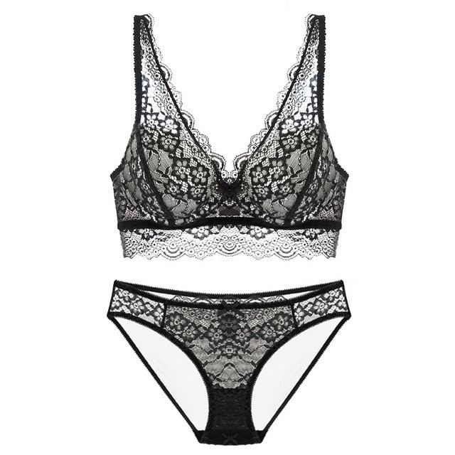 Deep-V Lacy Midriff Brassiere with Matching Panty