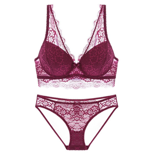 Deep-V Lacy Midriff Brassiere with Matching Panty