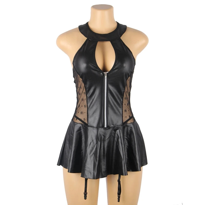 Enchanting Flirty Choker Mini Dress With Translucent Trims (PU Leather)