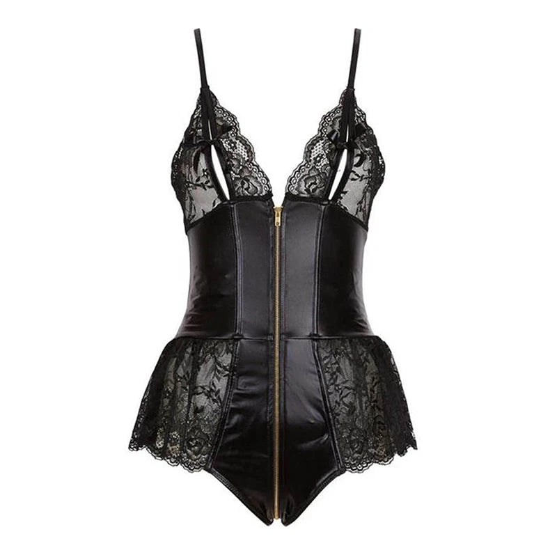 Seductive Secrets Deep-V Front Zip Bodysuit With Lace Trims