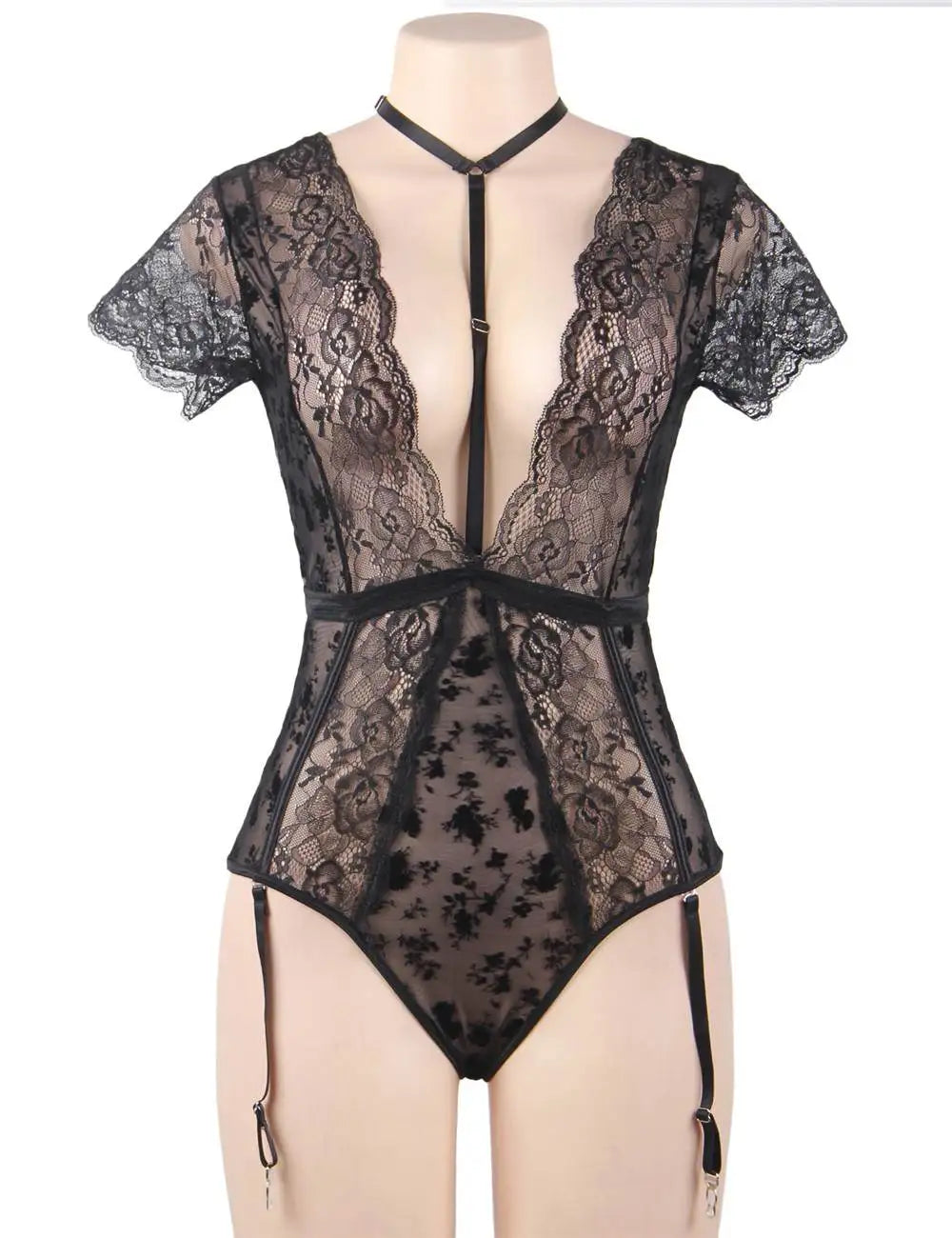 Floral Whispers Deep V Bodysuit with Lace Trims