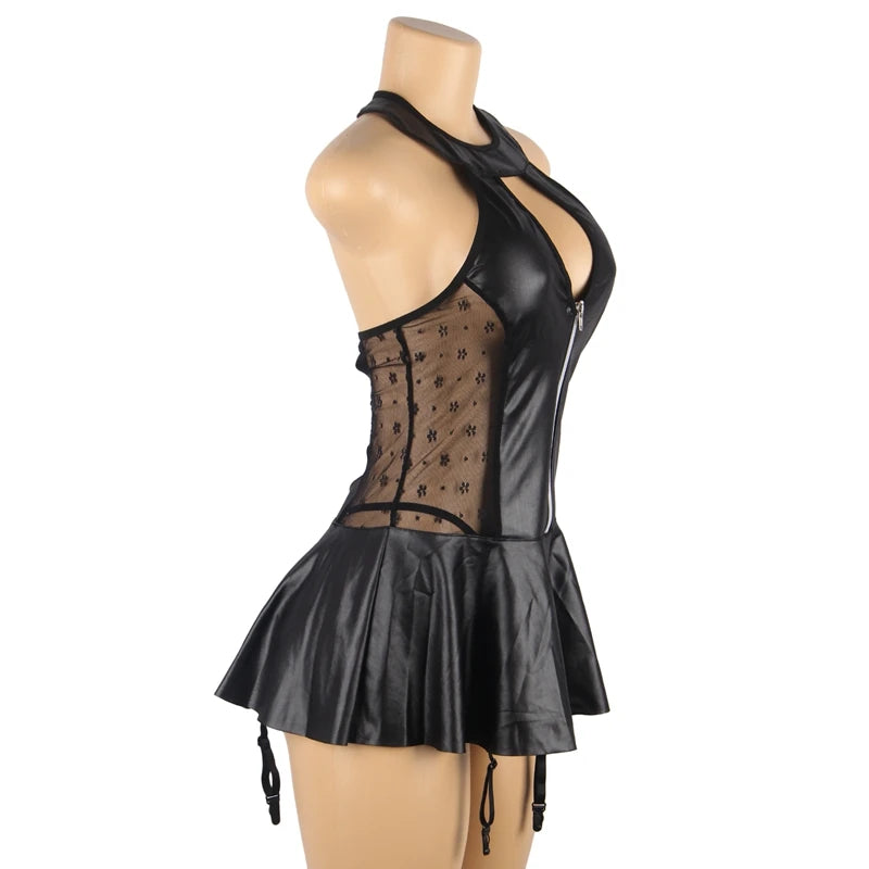 Enchanting Flirty Choker Mini Dress With Translucent Trims (PU Leather)