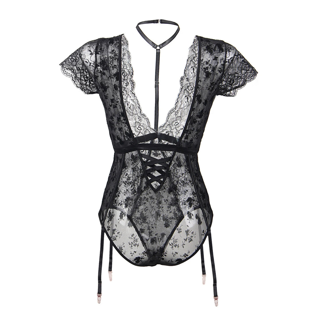 Floral Whispers Deep V Bodysuit with Lace Trims