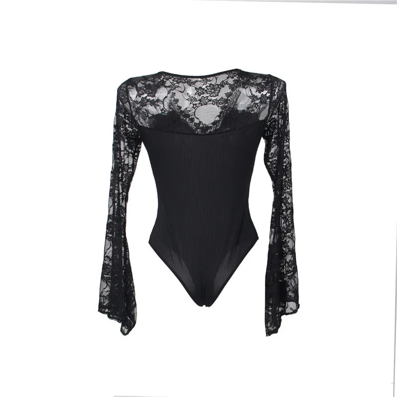 Graceful Desire Deep-V Long Sleeved Bodysuit With Intricate Trims