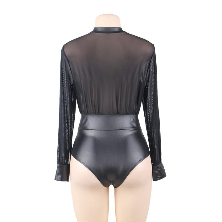 Lustrous Translucent Catstyle Long Sleeved Bodysuit (PU Leather)