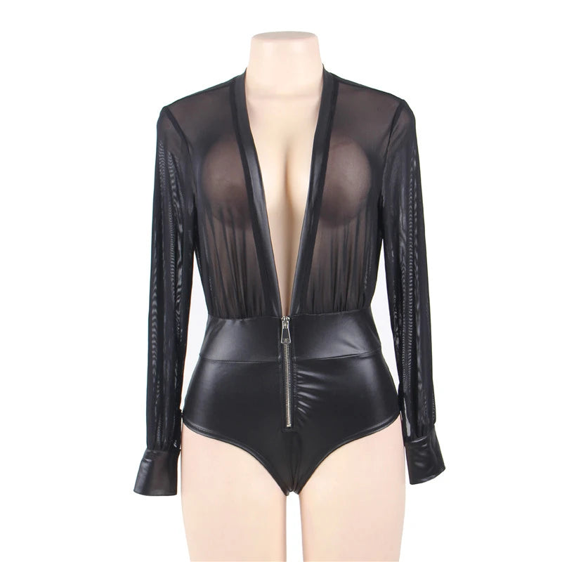 Lustrous Translucent Catstyle Long Sleeved Bodysuit (PU Leather)