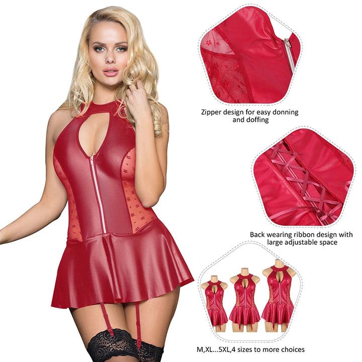 Enchanting Flirty Choker Mini Dress With Translucent Trims (PU Leather)