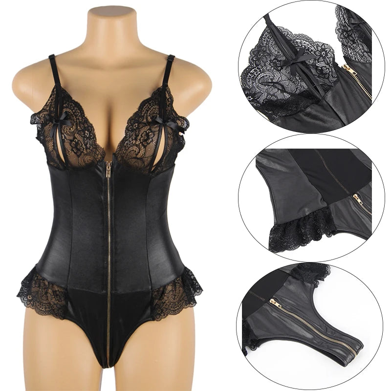 Seductive Secrets Deep-V Front Zip Bodysuit With Lace Trims