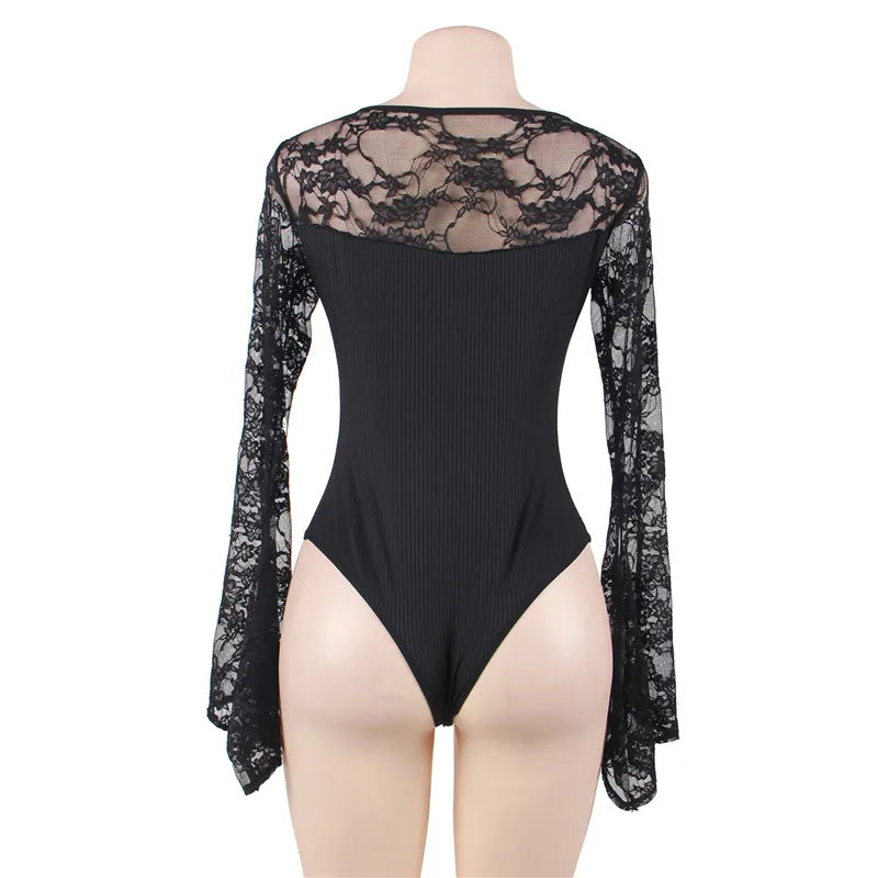 Graceful Desire Deep-V Long Sleeved Bodysuit With Intricate Trims