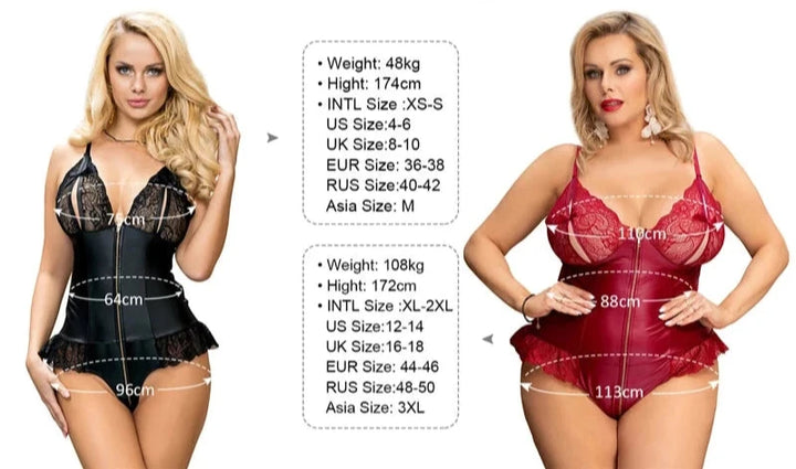 Seductive Secrets Deep-V Front Zip Bodysuit With Lace Trims