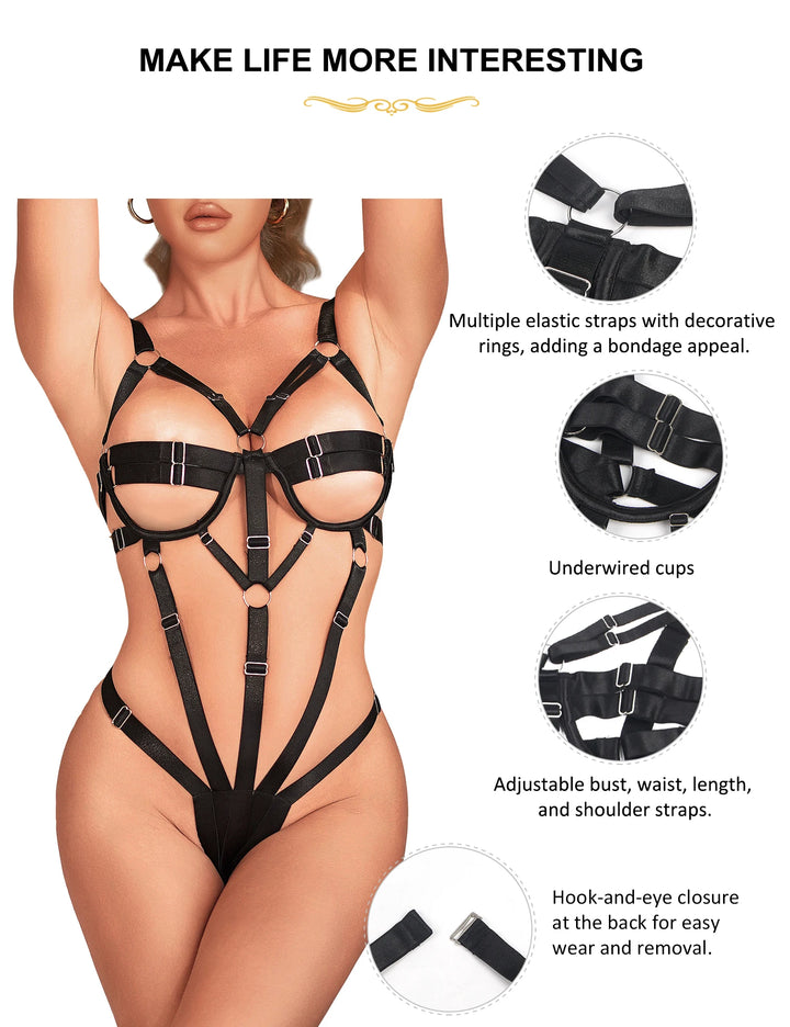 Strappy Passion Bodysuit With Adjustable Buckles BDSM (PU Leather)