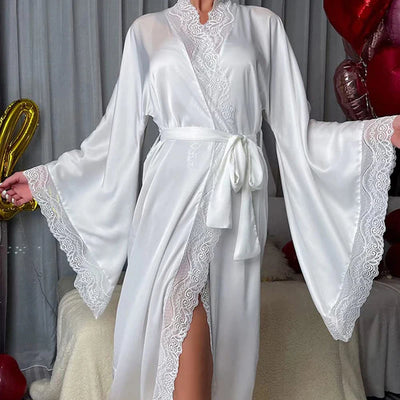 Silken Embrace White Satin Lace-Trimmed robe