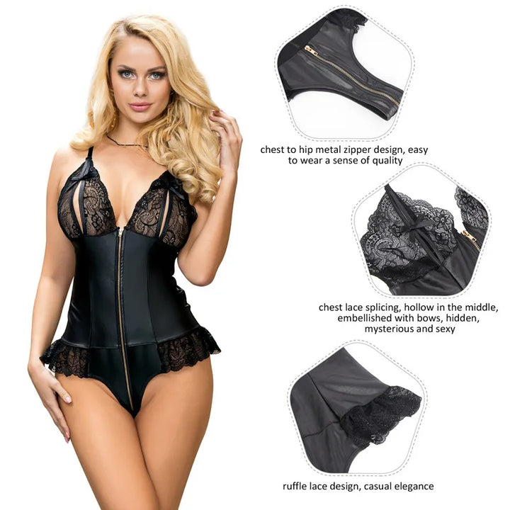 Seductive Secrets Deep-V Front Zip Bodysuit With Lace Trims