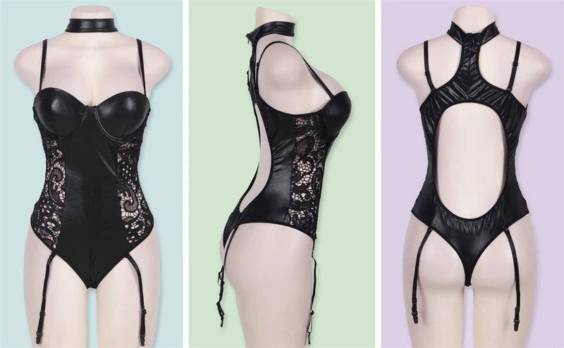 Mystic Goddess PU Leather Bodysuit With Lace Decals