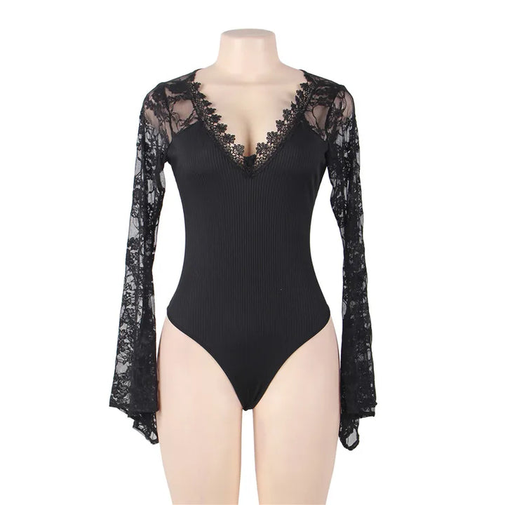 Graceful Desire Deep-V Long Sleeved Bodysuit With Intricate Trims