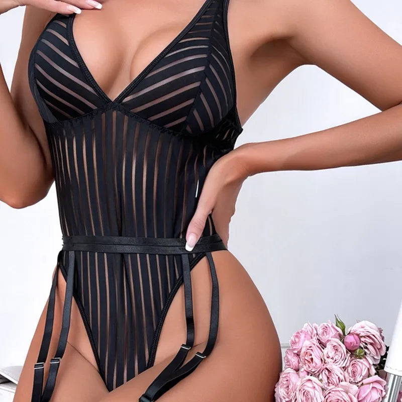 Midnight Stripes Garter Bodysuit