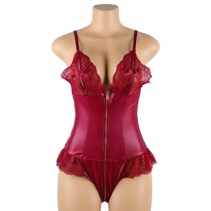 Seductive Secrets Deep-V Front Zip Bodysuit With Lace Trims