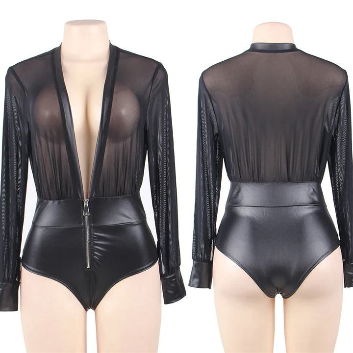 Lustrous Translucent Catstyle Long Sleeved Bodysuit (PU Leather)