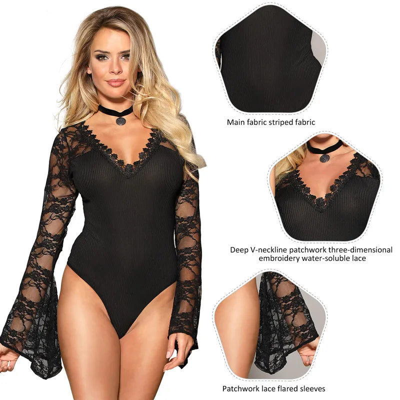 Graceful Desire Deep-V Long Sleeved Bodysuit With Intricate Trims