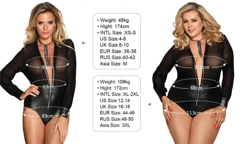 Lustrous Translucent Catstyle Long Sleeved Bodysuit (PU Leather)