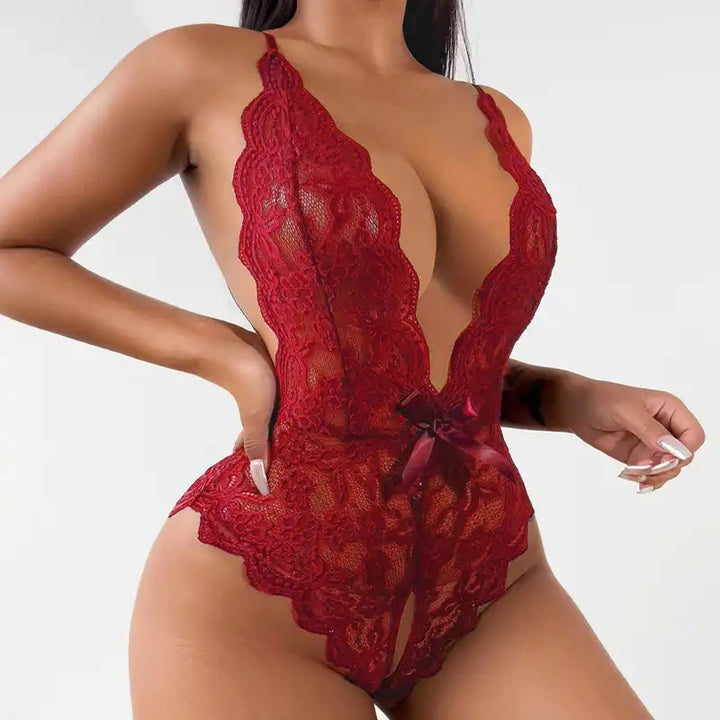 Lace Enchantment Deep V Cross Back Crotchless Bodysuit