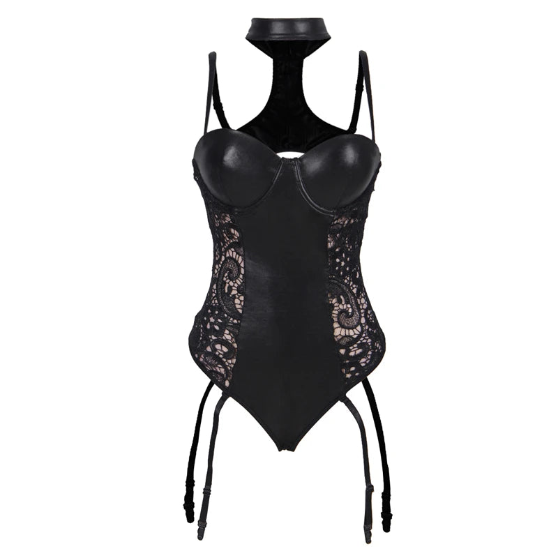 Mystic Goddess PU Leather Bodysuit With Lace Decals