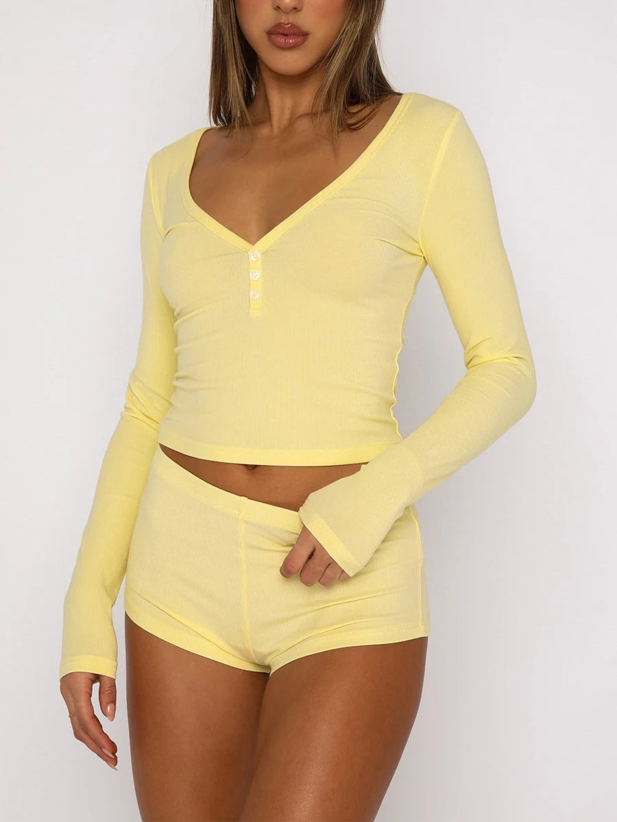 V-Neck Button-Up Cropped PJ Set with Bodycon Shorts