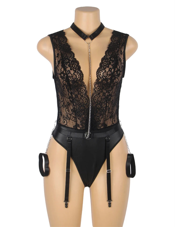 Ravishing Passion Deep V Lace Bodysuit With Choker & Chains