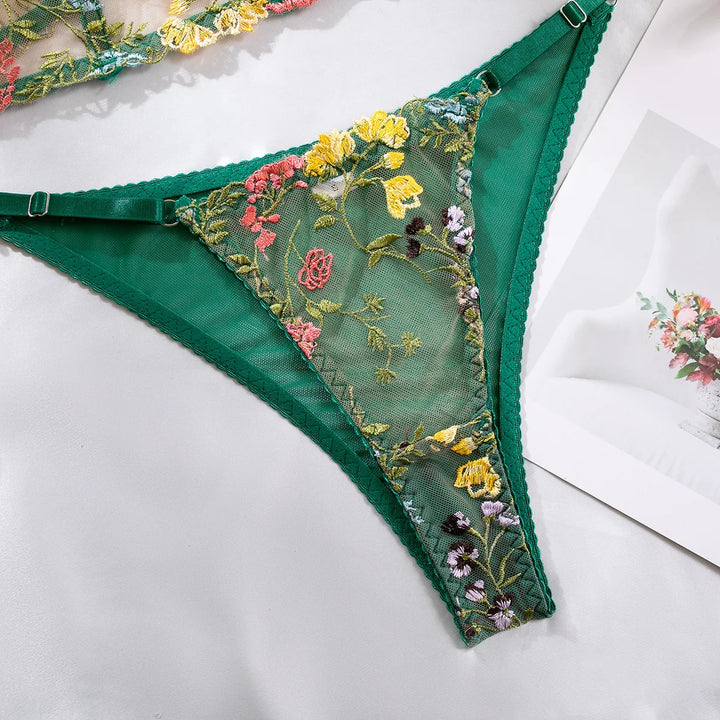 Floral Boned Embroidery Corset Bralette Set