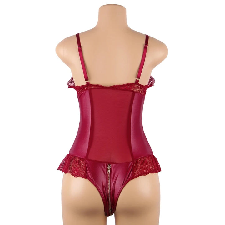 Seductive Secrets Deep-V Front Zip Bodysuit With Lace Trims