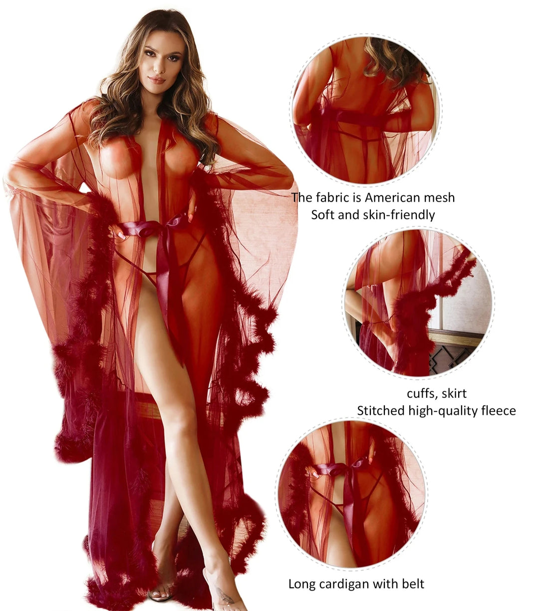 Siren Fantasy Feather Frills Delight Translucent Femme Long Night Robe