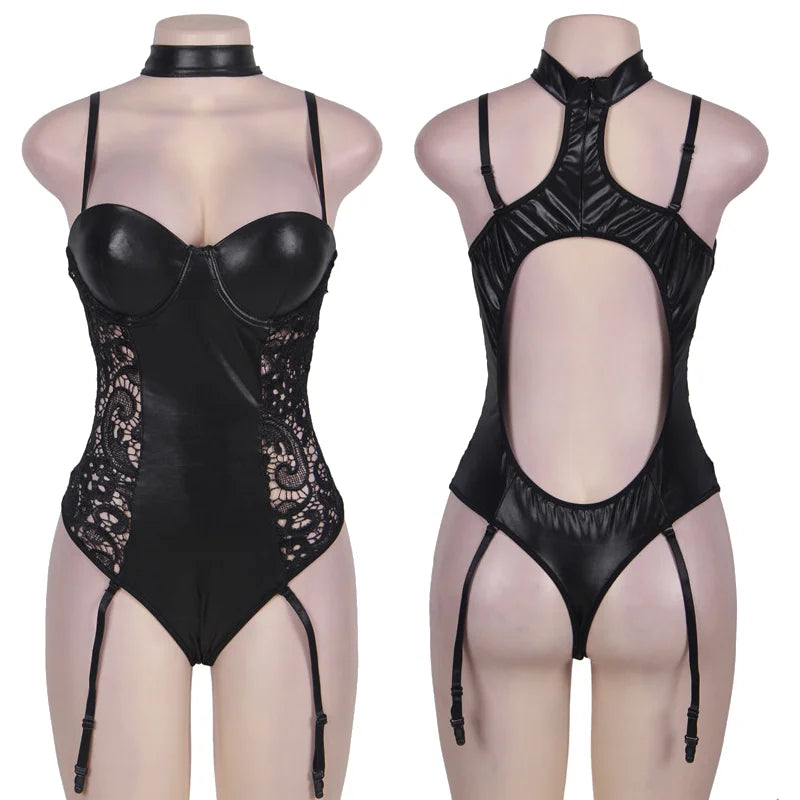 Mystic Goddess PU Leather Bodysuit With Lace Decals