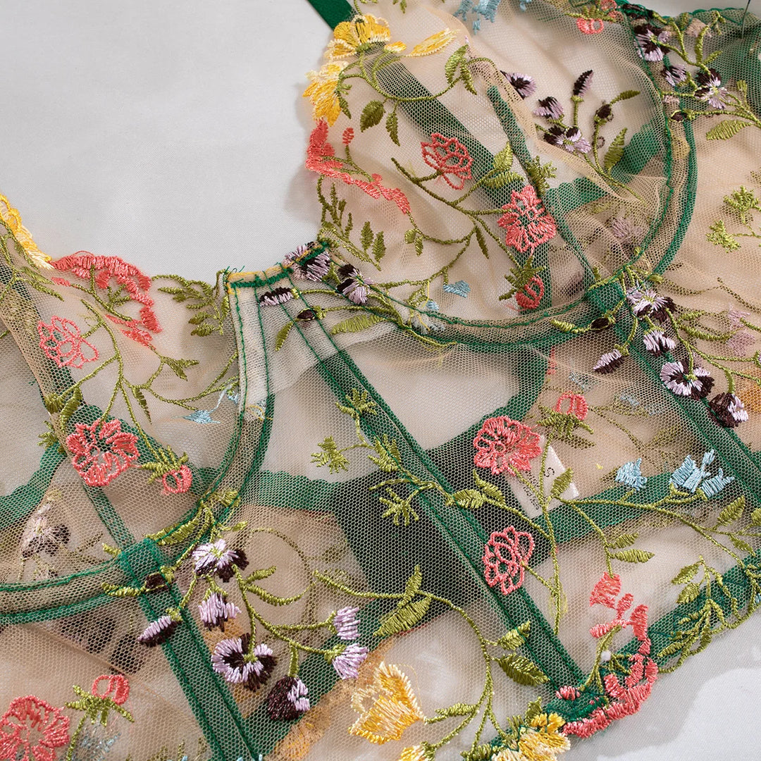 Floral Boned Embroidery Corset Bralette Set