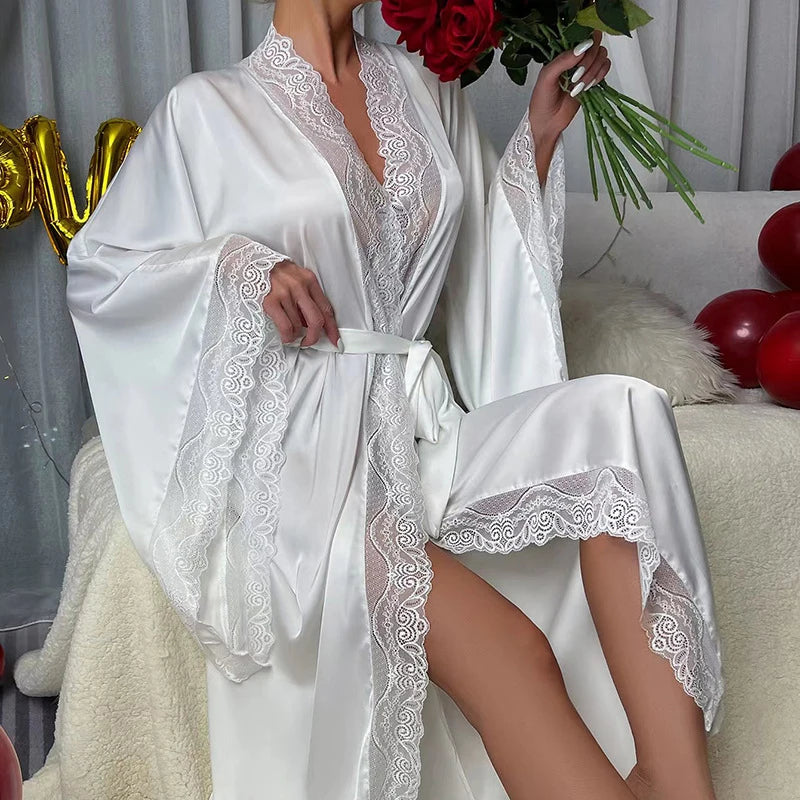 Silken Embrace White Satin Lace-Trimmed robe