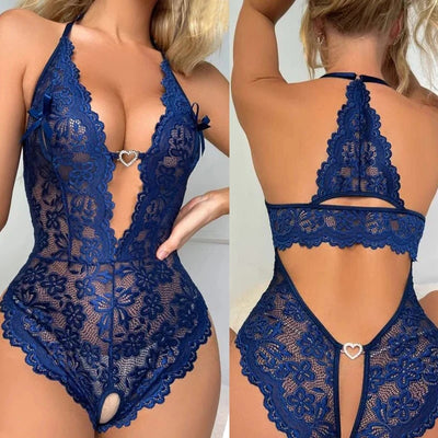 Midnight Allure Lace Halter Crotchless Bodysuit