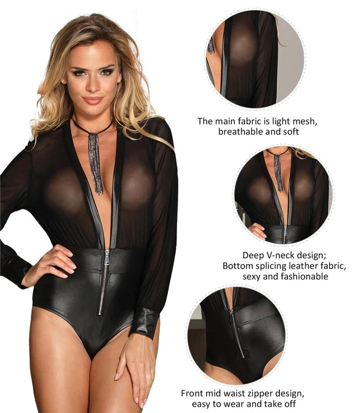 Lustrous Translucent Catstyle Long Sleeved Bodysuit (PU Leather)