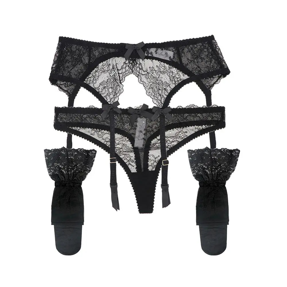 Floral Lacy Y-Split Garter, Panty And Stockings Set